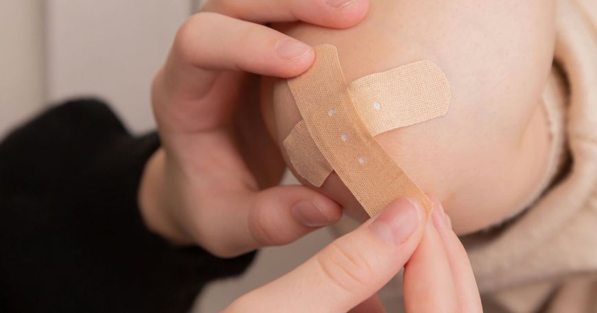 Plasters may use a strip coating of adhesive to allow air to reach the skin while a plaster is worn.