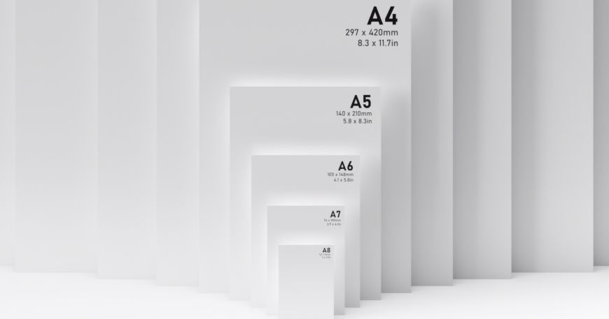 A comparison of eight sizes of paper from A0 to A8. The third largest full sheet size shown in the image is A6.