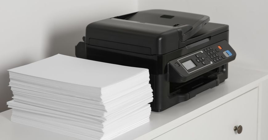A desktop printer in an office; a printer sitting on a storage cupboard next to a stack of paper.