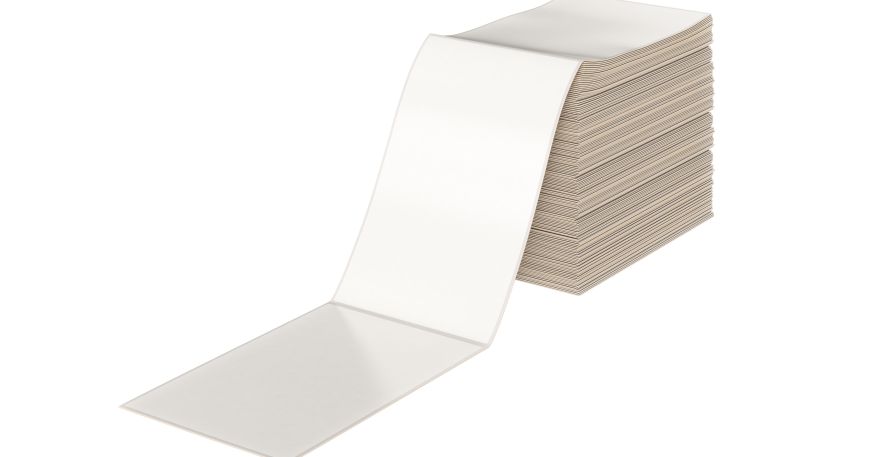 A set of fan fold labels with the top two labels pulled forward from the stack.