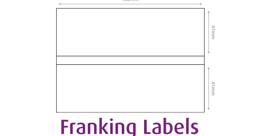 A diagram of the layout of a sheet of franking labels; franking labels are often supplied with two labels per sheet and are printed using a franking machine.