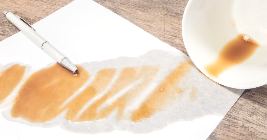 Spilled coffee soaking into a sheet of paper; paper is a hygroscopic material, which means that it takes in water from its environment.