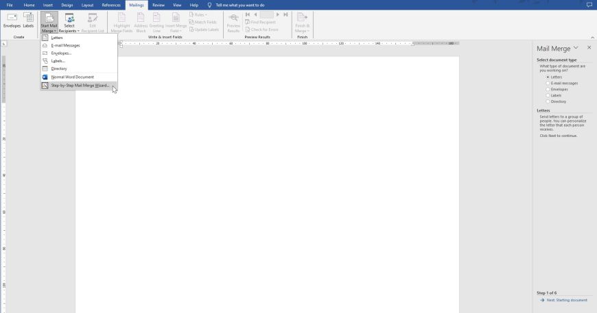 A screenshot showing how to access the Mail Merge tool in Microsoft Word.