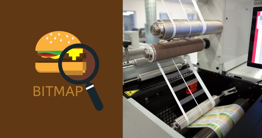 Matrix has two meanings. On the left is an example of a bitmap image, which is made up of a matrix of pixels (points of colour). On the right, a machine removes the matrix (top) during the production of roll labels.