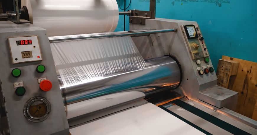 An industrial laminator, which is designed to laminate paper products during the manufacturing process.