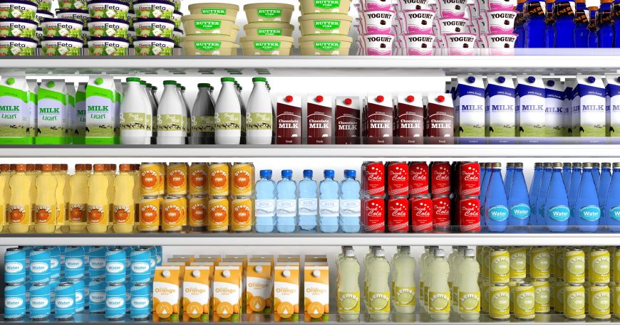 A sample of four shelves full of different food and drink products; each bottle or container is labelled with a product label.