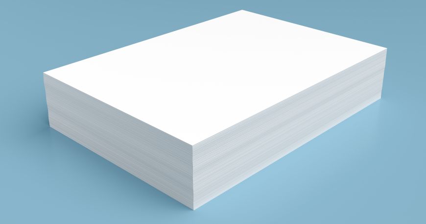 A ream of paper displayed against a blue background.