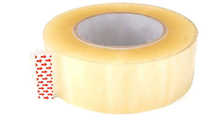 A roll of adhesive tape with a tear tab to help the user find the end of the tape. 