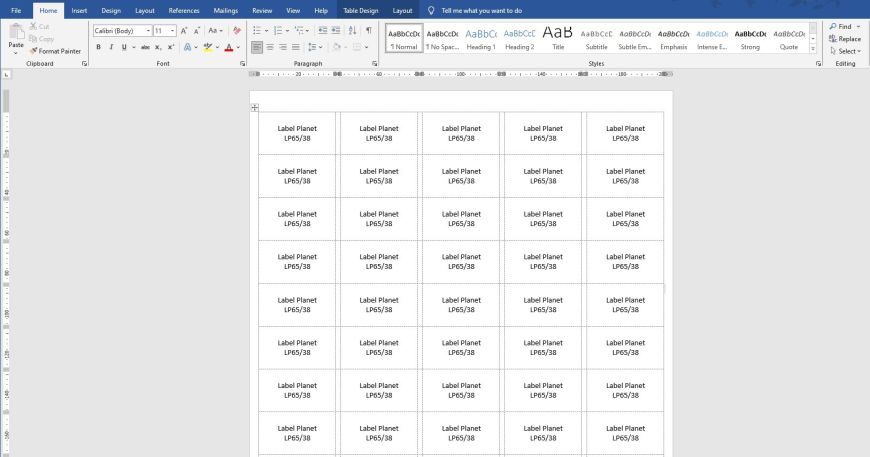 A copy of Label Planet's template for our mini label size is displayed in Word.