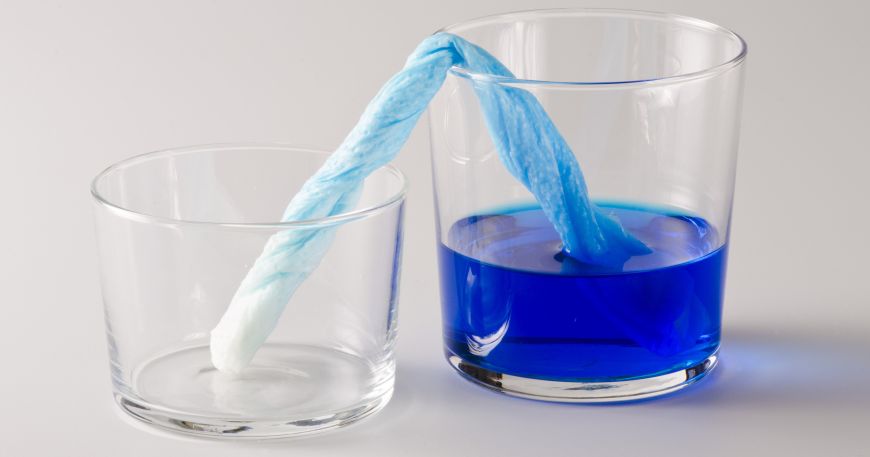 A demonstration of wicking; wicking is a property of materials that allows liquids to travel through a material regardless of external forces (like gravity). Here the blue liquid travels up the paper towel (against gravity).