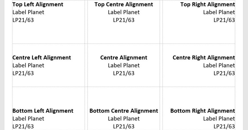 An image showing a table with nine cells, each showing one of the nine different types of alignment. 