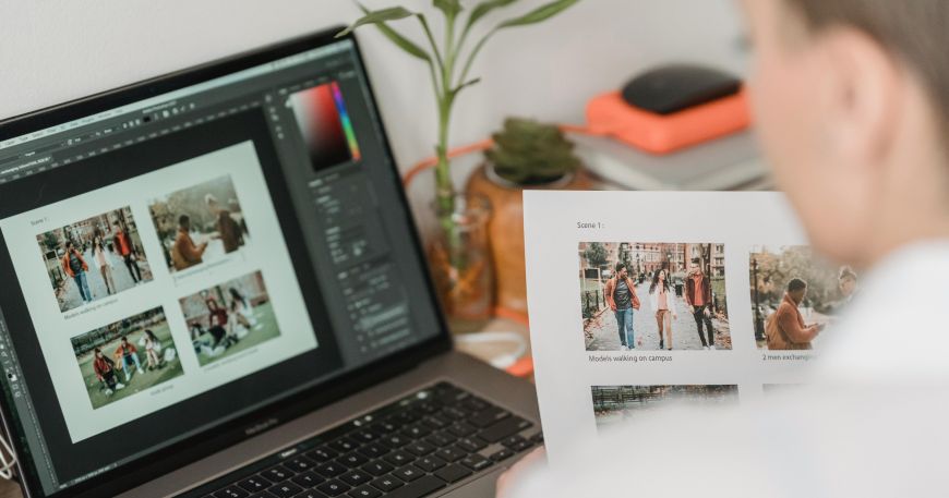 A photographer compares a printed sheet of photos to the same photos onscreen; printing labels relies on using a good image resolution and a good printer resolution to produce high quality printed designs.