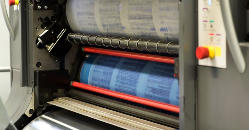 A rotary press, which uses offset printing. Offset printing relies on set-off to allow ink to be transferred from an image carrier (bottom) to the substrate (top)