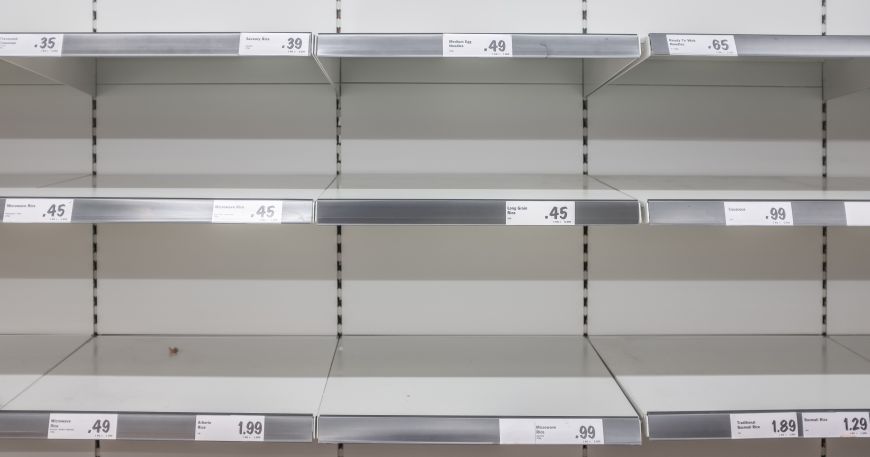 A set of empty shelves in a supermarket; each shelf contains a number of shelf edge labels, which are used to display information about products, prices, and promotions.