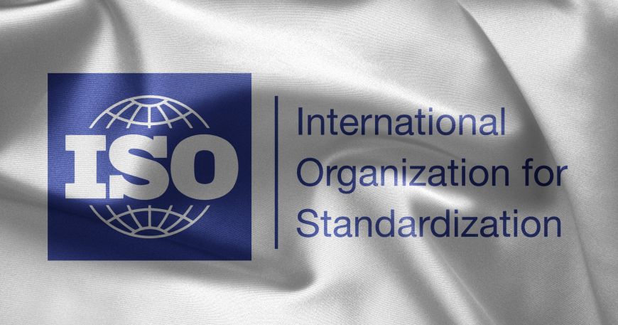 A banner showing the logo for ISO - the Internation Organisation for Standardisation; a number of ISO standards can be applied to the production of label products.