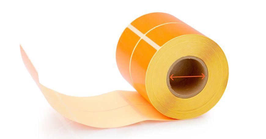 A roll of labels with the inside diameter marked in orange; the inside diameter gives the diameter of the core that the roll of labels is wound around.