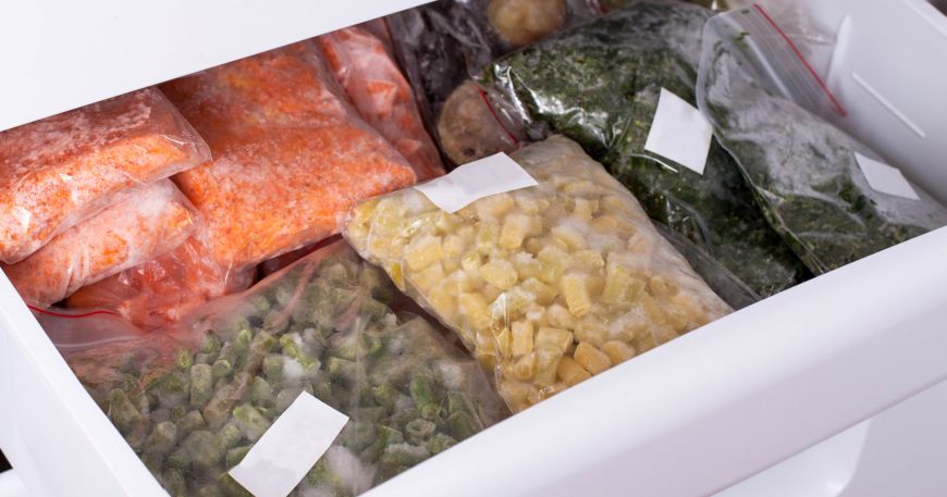 A freezer containing various foodstuffs in plastic bags that have been labelled with freezer labels. 