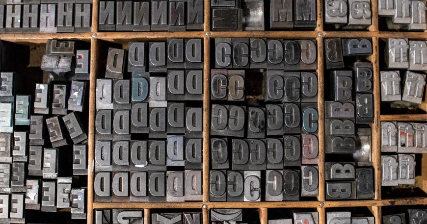 A set of metal blocks used for letterpress printing; the blocks are for the same size (font) of a particular design (typeface).