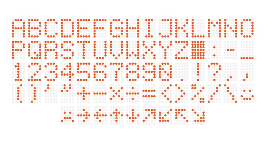 A diagram showing how the letters A to Z, numbers 0 to 9, and basic punctuation and symbols are represented in a dot matrix image.