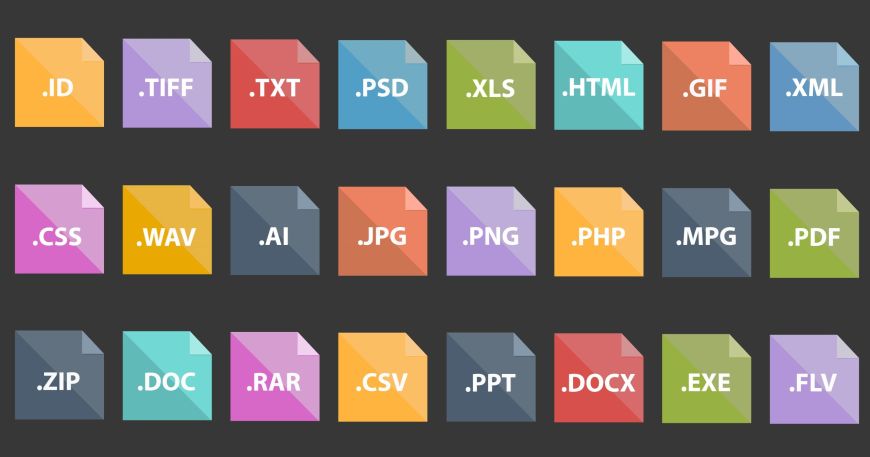 Icons representing a range of different file formats used to store different types of digital files. 