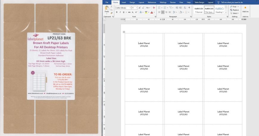 A pack of labels (left) and a compatible Word template (right).
