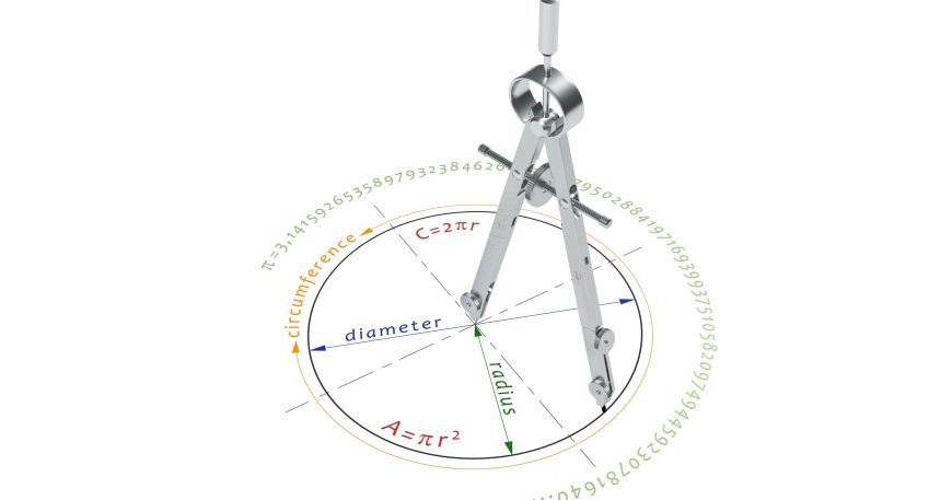 A compass has been used to draw a circle; the diameter, radius, and circumference of the circle are marked in different colours.