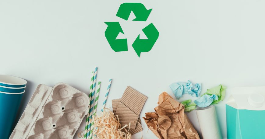 A selection of items that are recyclable; these items, or the materials used to make these items, can be recycled or used again.