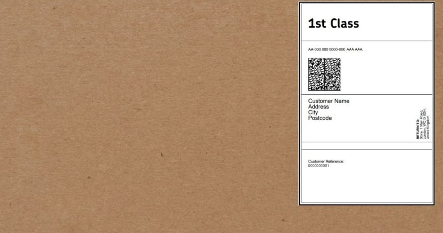 A parcel that has been labelled with a Basic Barcode Label from Royal Mail's Click and Drop™ system.