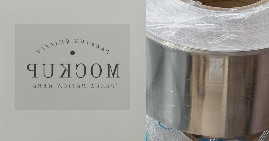 Mirrored has two meanings. On the left is a design that has been added to a clear label using mirrored printing so it appears in reverse. On the right is a roll of material with a mirrored finish.
