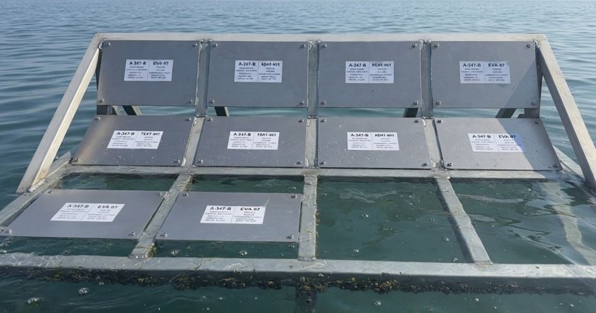 A photograph showing labels stuck onto metal panels partially submerged in seawater during BS5609 testing. (AI Image)