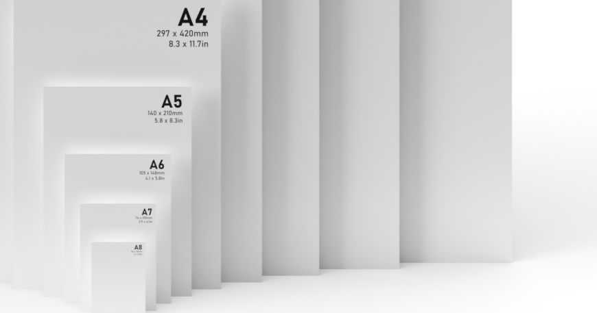 A comparison of eight sizes of paper from A0 to A8. The largest full sheet size shown is A4.