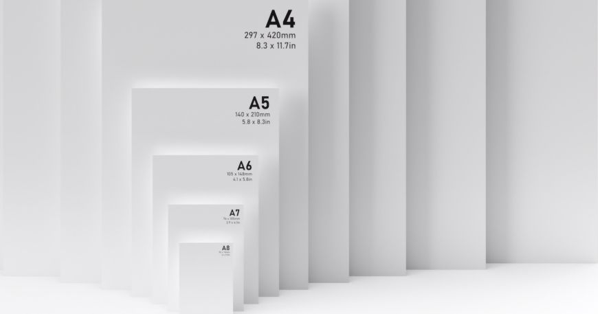 A comparison of eight sizes of paper from A0 to A8. The second largest full sheet size shown is A5.