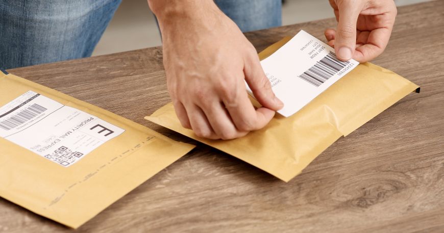 A person sticks a label onto a parcel; adhesion ensures that the label sticks to the parcel (and that all the layers in the label stick to each other).