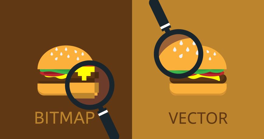 A diagram comparing bitmap images and vector images; bitmap images are made up of a grid of pixels (or points of colour). 