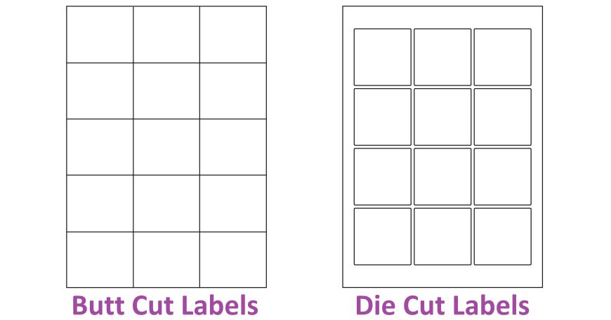 A diagram showing the difference between butt cut labels and die cut labels. Butt cut labels have no gaps between the labels so their edges 