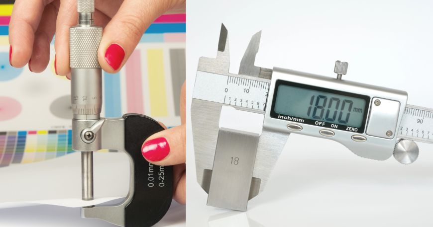 Caliper has two meanings. One the left, a micrometer is used to measure the caliper (thickness) of a sheet of paper. On the right, a set of digital calipers, which are used to measure the distance between two points.