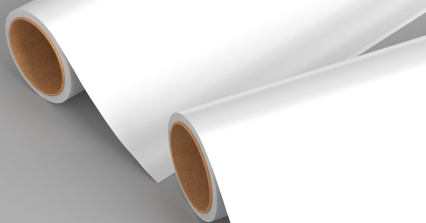 Two rolls of cast coated paper; the paper has a high quality smooth gloss finish that is bright and shiny.