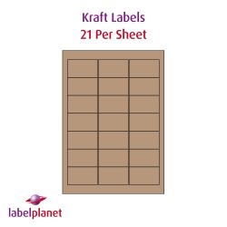 Brown Kraft Labels, 21 Per Sheet, 63.5 x 38.1mm, LP21/63 BRK