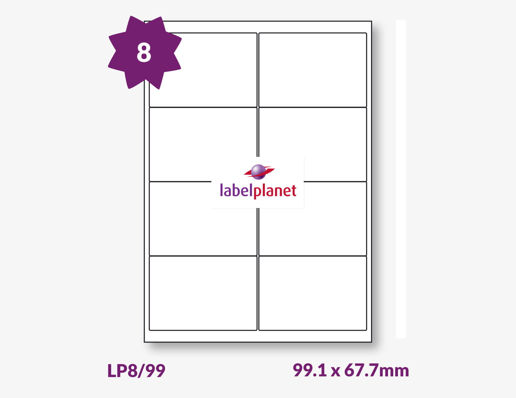 White paper labels, 8 per A4 sheet, 99.1 x 67.7mm, LP8/99