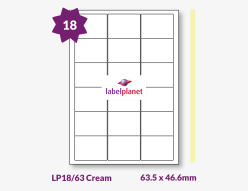 Butter Cream Labels For Inkjet/Laser Printers, 18 per sheet, 63.5 x 46.6mm, LP18/63 Cream