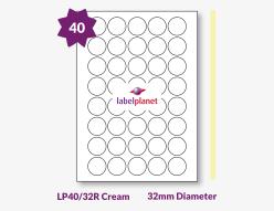 Butter Cream Labels For Inkjet/Laser Printers, 40 per sheet, 32mm diameter, LP40/32R Cream