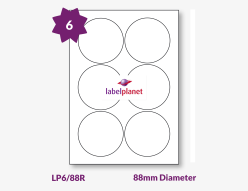 Circular Labels For Inkjet/Laser Printers, 6 per sheet, 88mm diameter, LP6/88R