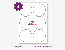 Circular Labels For Inkjet/Laser Printers, 6 per sheet, 92mm diameter, LP6/92R