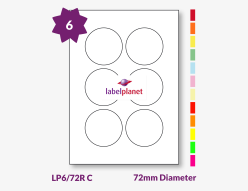 Coloured Labels For Inkjet/Laser Labels, 6 per sheet, 72mm diameter, LP6/72R C
