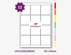 Coloured Removable Labels For Inkjet/Laser Printers, 12 per sheet, 65 x 65mm, LP12/65SQ REMC