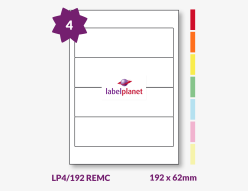 Coloured Removable Labels For Inkjet/Laser Printers, 4 per sheet, 192 x 62mm, LP4/192 REMC