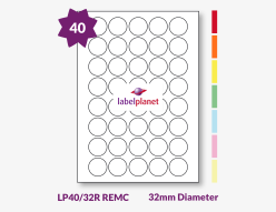 Coloured Removable Labels For Inkjet/Laser Printers, 40 per sheet, 32mm diameter, LP40/32R REMC