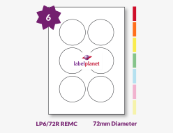 Coloured Removable Labels For Inkjet/Laser Printers, 6 per sheet, 72mm diameter, LP6/72R REMC