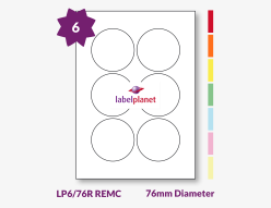 Coloured Removable Labels For Inkjet/Laser Printers, 6 per sheet, 76mm diameter, LP6/76R REMC