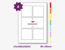 Coloured Removable Labels For Inkjet/Laser Printers, 6 per sheet, 80 x 80mm, LP6/80SQ REMC